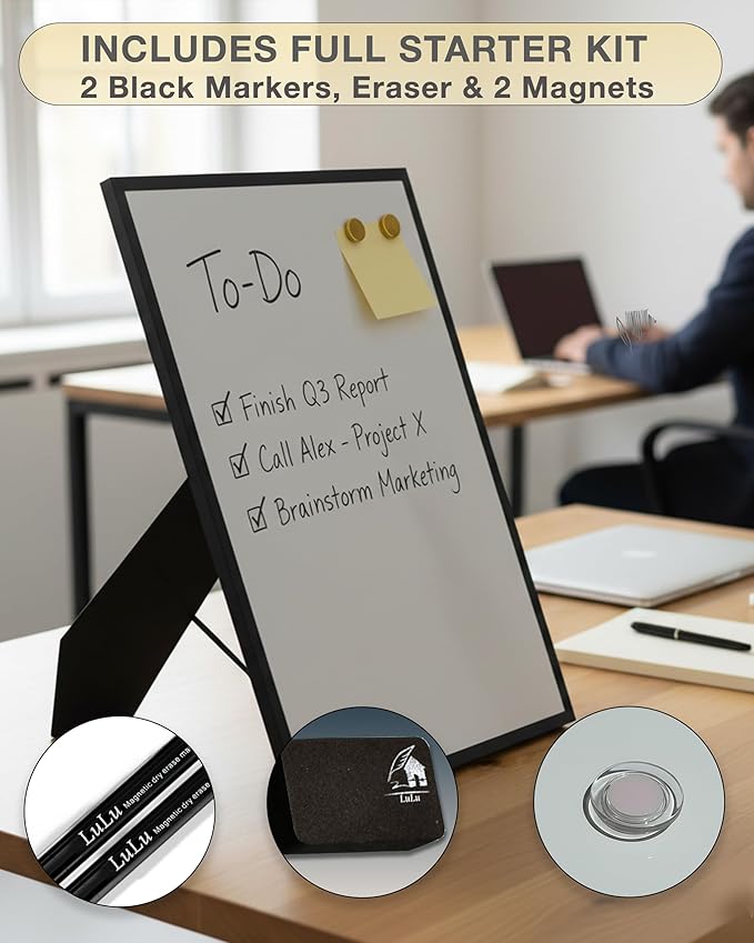 Small Whiteboard 12 x 16 Inch Magnetic Dry Erase Board with Stand & Wall Mount | Rose Gold Aluminum Frame | Desktop Board for Home, Office, Reception, Events | 2 Markers, Eraser & 2 Magnets