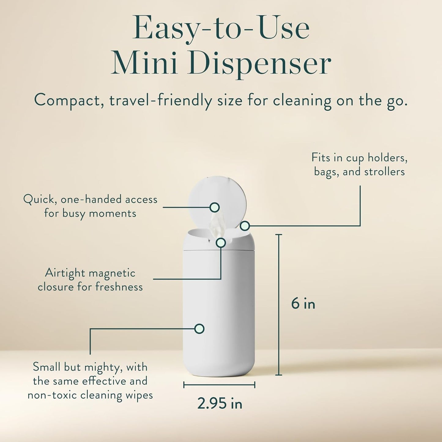 Biom Mini Dispenser + Hand Sanitizing Wipes Starter Kit - Eucalyptus Scented, Biodegradable, Kid-Safe | Fits in Cup Holder | All Natural, Plant-Based Non-Toxic Wipes with Aloe for Soft Skin (Midnight)