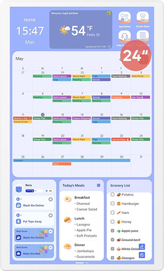 Digital Calendar+ 2: 24 Inch Wall Touch Screen Chore Chart Customize Dashboard Smart Electronic Calendar for Family Schedules Meal Planner Supports All Google Play Apps Wall Mount White