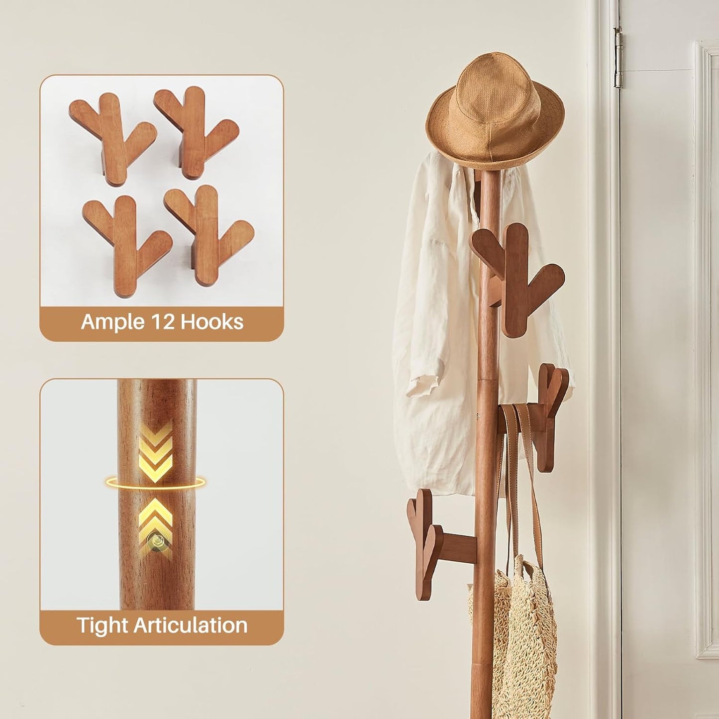 Uniclinens Solid Wood Coat Rack Freestanding with Umbrella Holder, Tree Coat Rack Stand with Lockable Universal Casters & 12 Hooks for Entryway Bedroom, Walnut