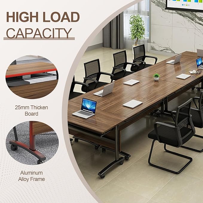 Folding Conference Room Table, Modern Conference Tables with Wheels, Large Rectangular Mobile Training Tables for Office Classroom, Foldable Modular Boardroom Seminar Table Walnut (6pack L55.1in)