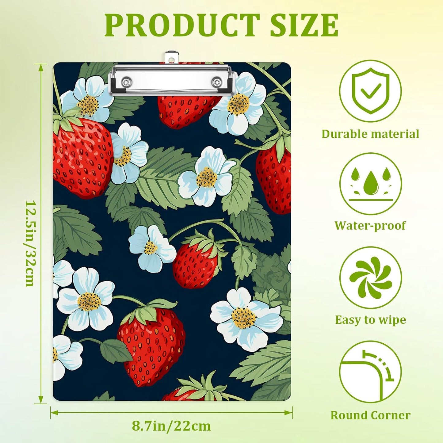 Strawberry Clipboard,Decorative Floral Acrylic Clipboard with Low Profile Metal Clip for Office,School,Teachers,Students Standard Letter Size 9x12.5