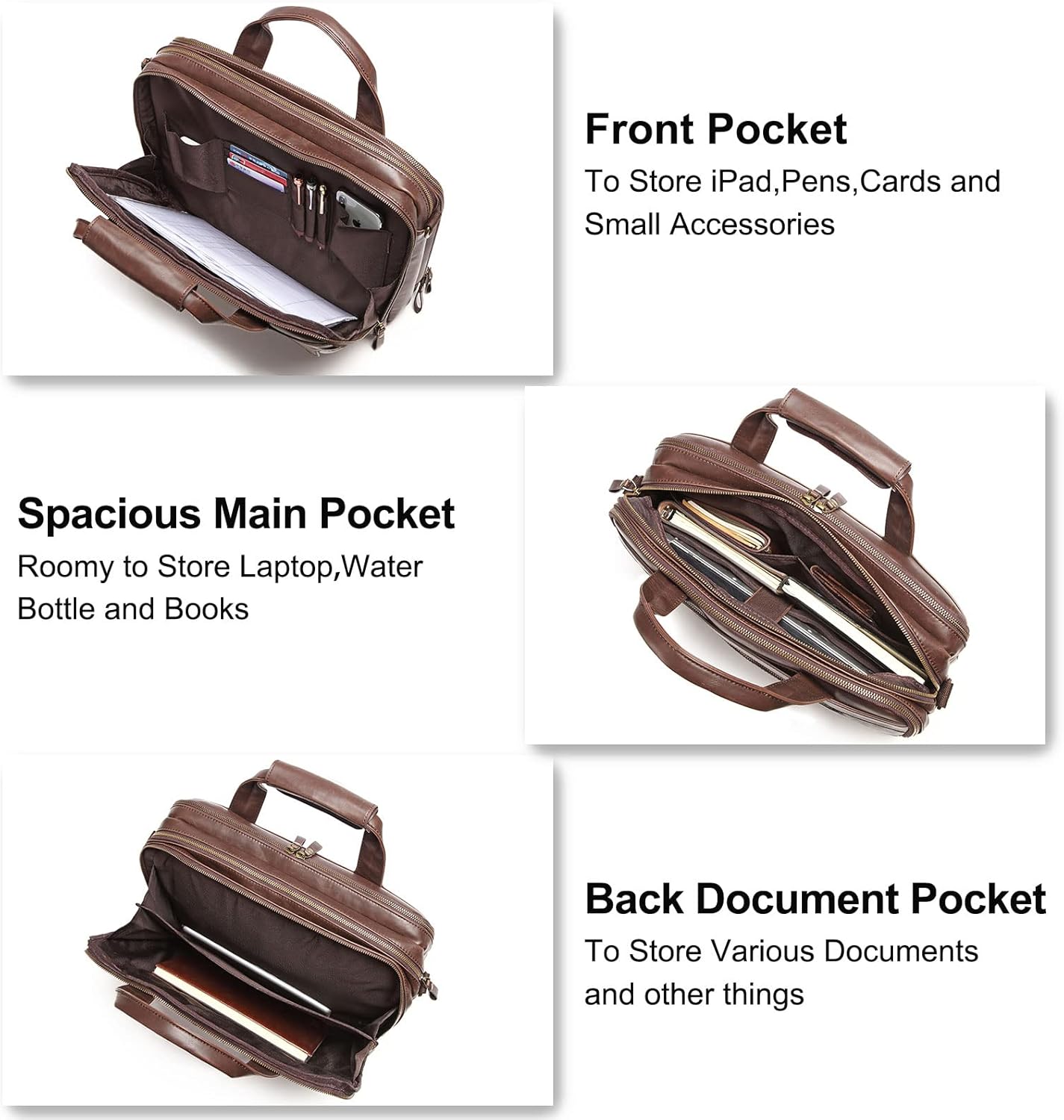 Leather Briefcases for Men 15.6 Inch Laptop Messenger Bag with Triple Compartments Water-Resistant Computer Shoulder Bag for Business, Travel, Work, Office, Brown