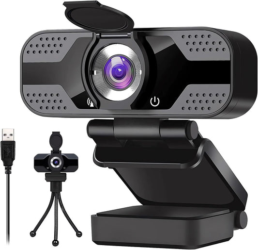 Full HD 1080p Webcam with Privacy Shutter and Tripod, Video and Wide Angle Camera, Built-in Mic, Widescreen USB Computer Camera for Laptop Desktop