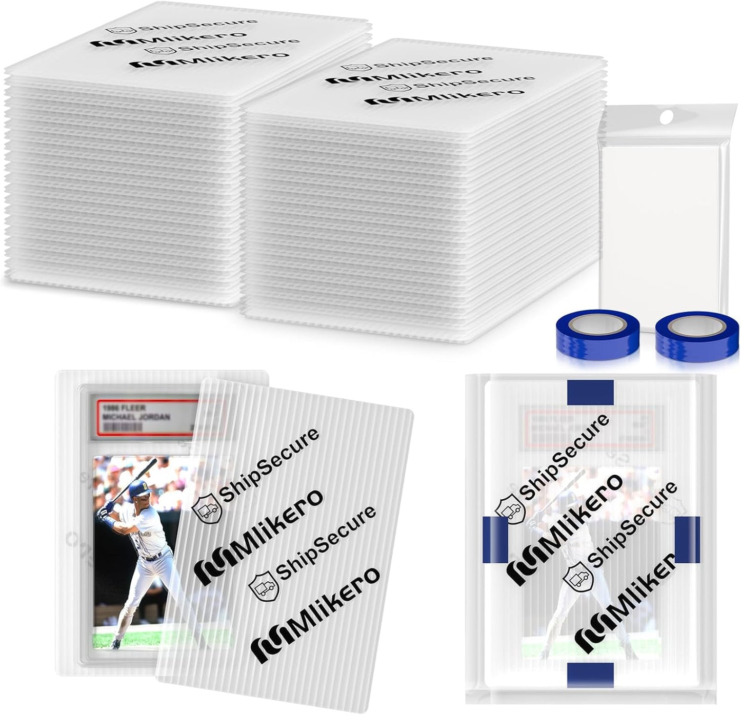 120 Pack Trading Card Shipping Protectors, 4'' x 6'' Plastic Card Protector with Protective Sleeves and Tape Rolls Fit for PSA Graded Cards