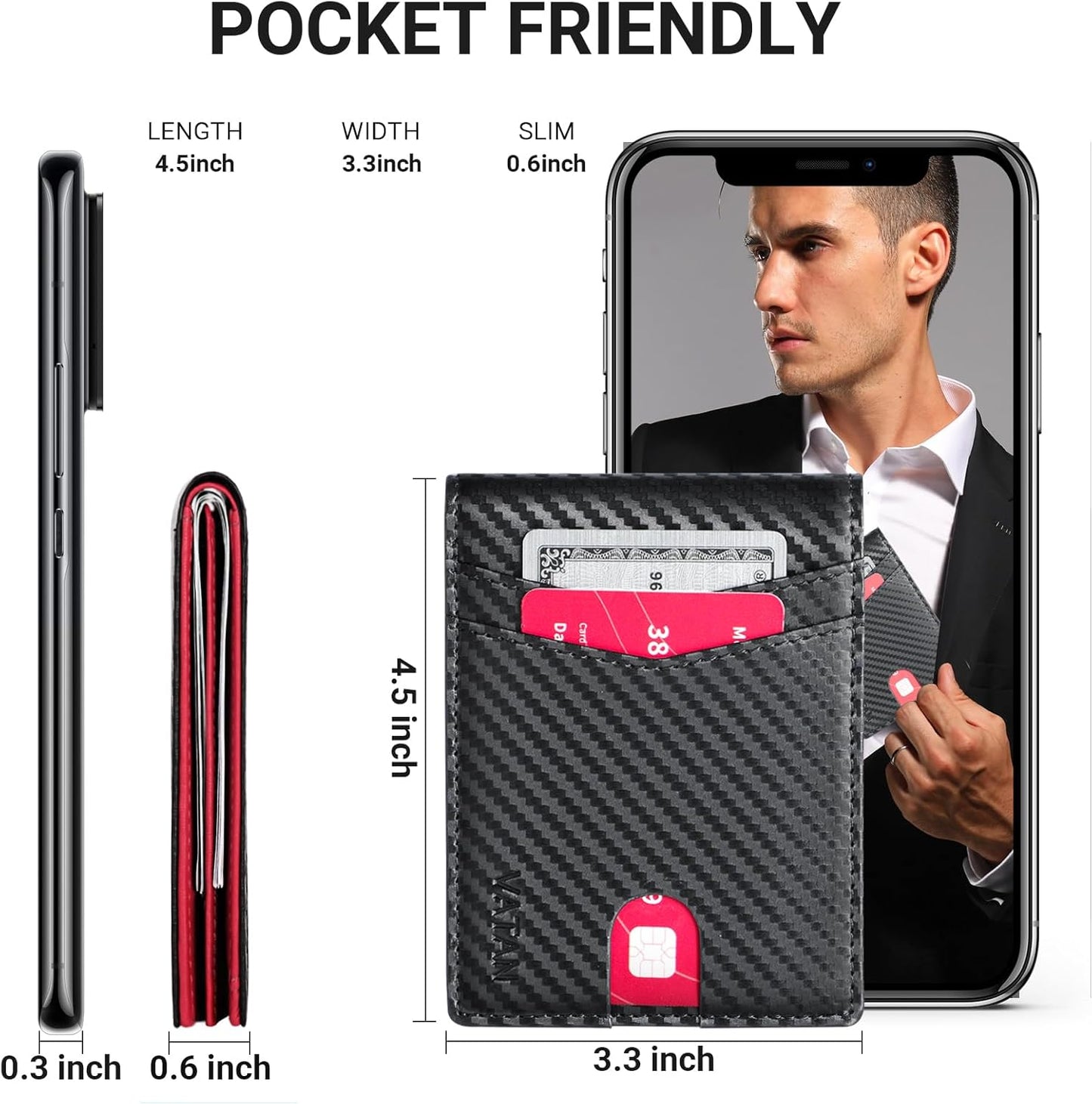 VATAN Wallet for Men, Mens Minimalist Wallet Credit Card Holder, Slim Leather Rfid 2 ID Window Large Capacity With Gift Box (Carbon black and Red)