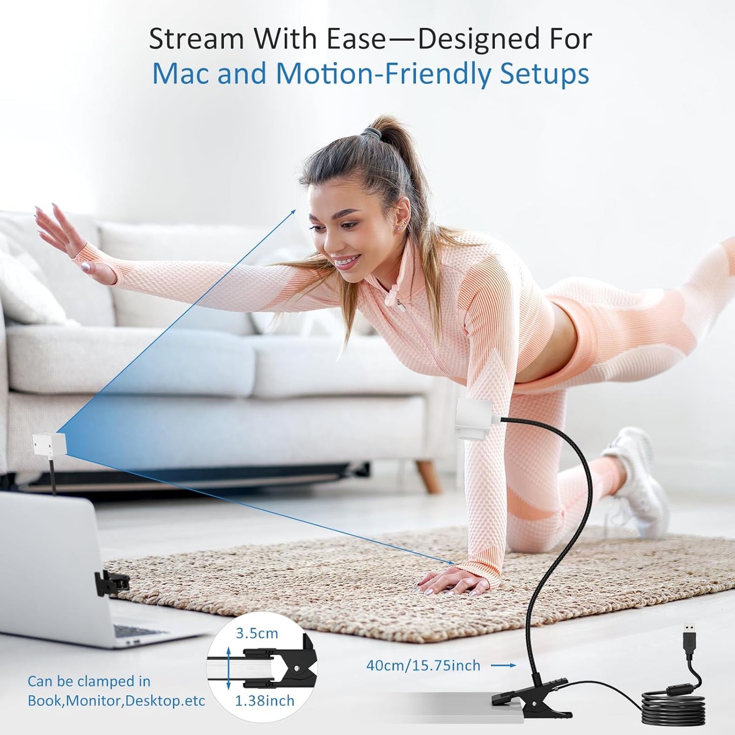 Webcam 1080P for PC, Eye Contact Webcam for Desktop Computer (White)