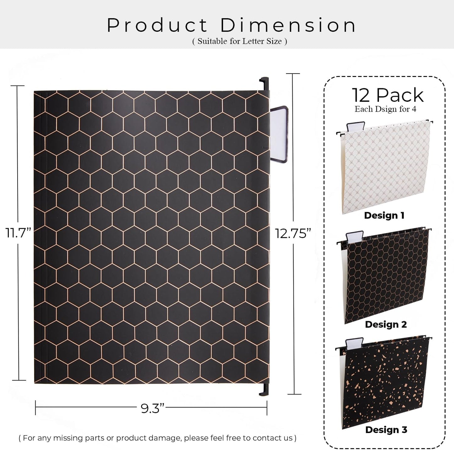 Y YOMA 12 Pack Decorative Hanging File Folders Letter Size Rose Gold File Folder Pretty Hanging Folder Organizer for Filing Cabinet Office Home with 1/5-Cut Adjustable Tabs, 3 Black Foil Design