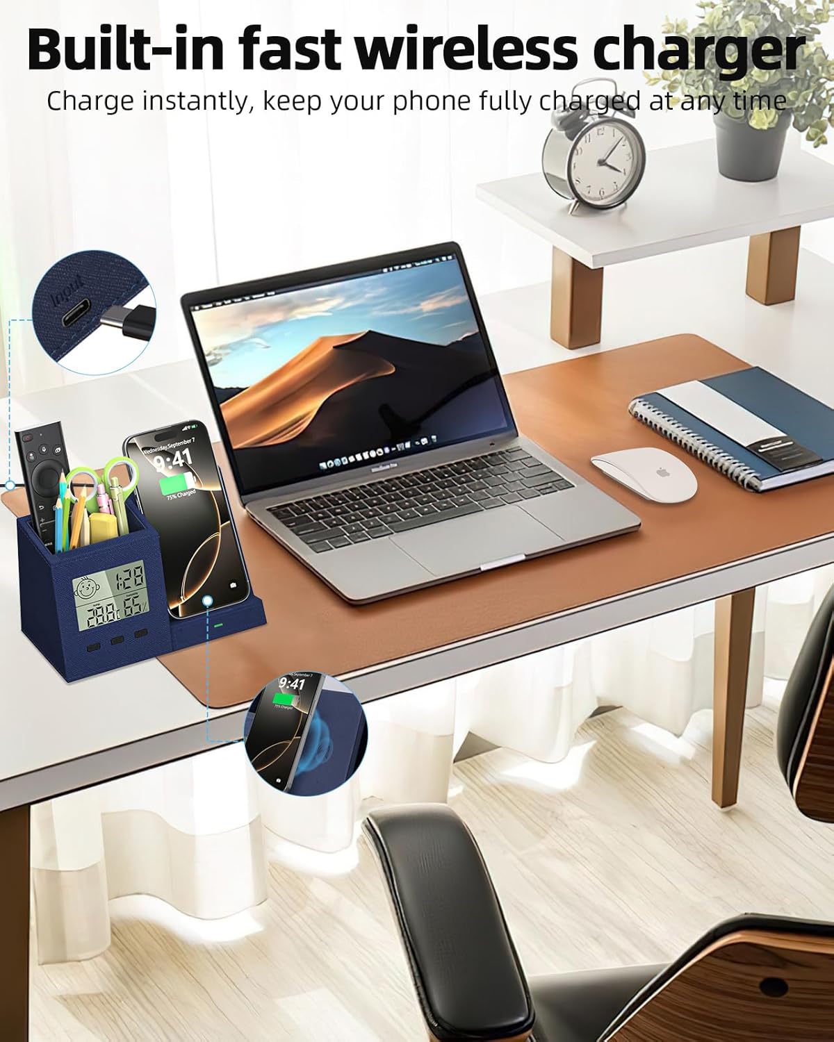 3-in-1 Wireless Charger with Pen Holder, Desk Clocks with Temperature and Humidity, Compatible with iPhone 16/15/14/13/12/11/8Series, Pencil Holder for Desk Home Office, Men Gift Idea Gadget, Blue