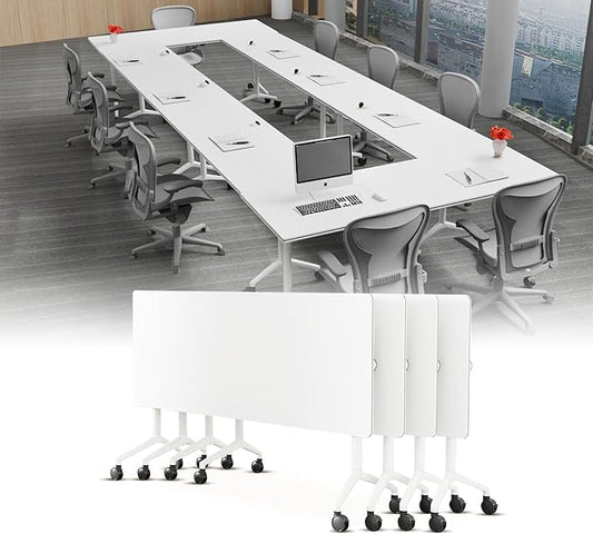 Conference Table, Folding Conference Desk Modern White, Seminar Table with Wheels, 2-10 People for Office, Meeting Break Room(4, 1915, 61IN)