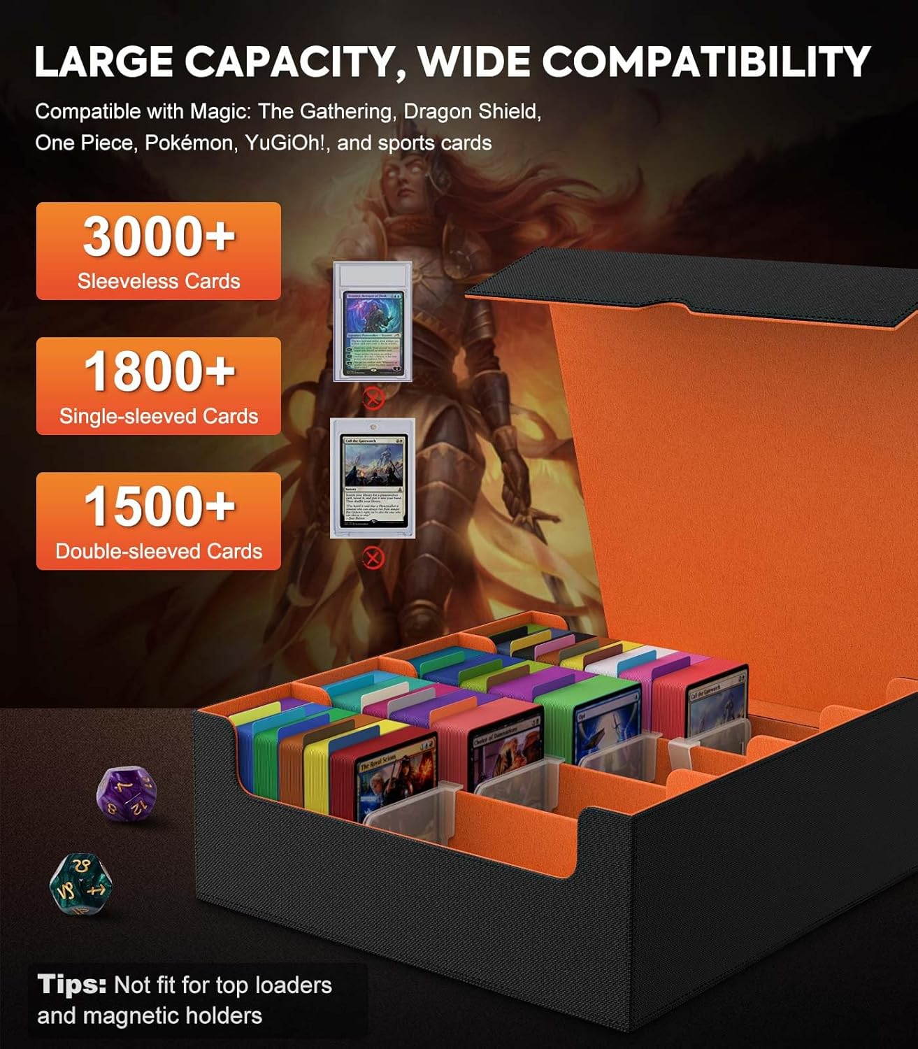 MoKo Trading Card Storage Box, 3000+ MTG Deck Box with 24 Colorful Dividers & 4 Card Supporters, Commander Card Deck Case Fits for Magic Game Cards, YugiOh, TCG, PTG and Sport Cards, Orange