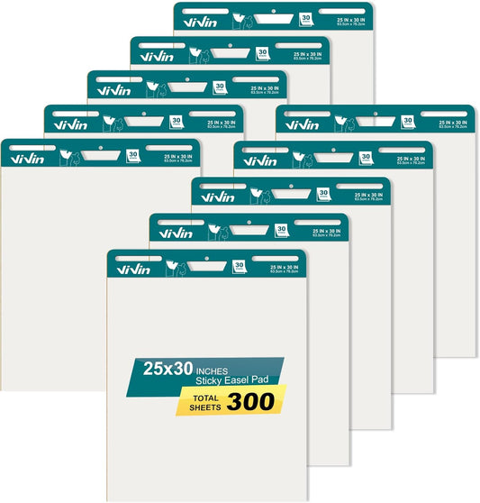 ViVin Super Sticky Easel Pad, 25 x 30 Inches Flip Chart Paper for Teachers, Large Self Stick Easel Paper, Teacher Anchor Chart, 30 Sheets/Pad, 10 Pads/Pack