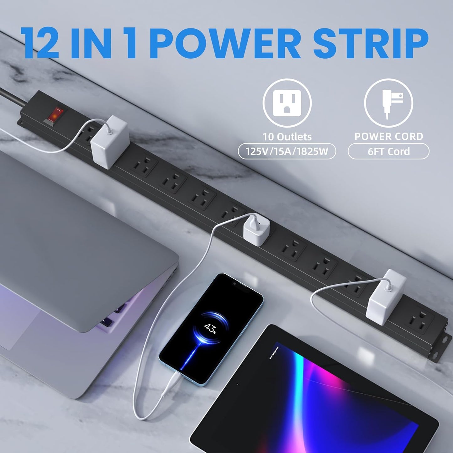 12 Outlet Long Power Strip with 15A Circuit Breaker,Black Wall Mount Heavy Duty Power Strip with 6FT/14AWG/15A/125V Extension Cord for Industrial,Garge,Office,Home and School,Black(6FT)