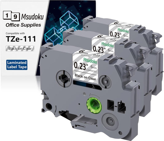 Tze Tz Tape 6mm 0.23 Laminated Clear Compatible for Brother P Touch Clear Label Maker Tape TZe-111 TZe111 Label Tape for PT D200 D210 D220 D400, Black on Clear, 1/4 Inch x 26.2 Feet, 3-Pack