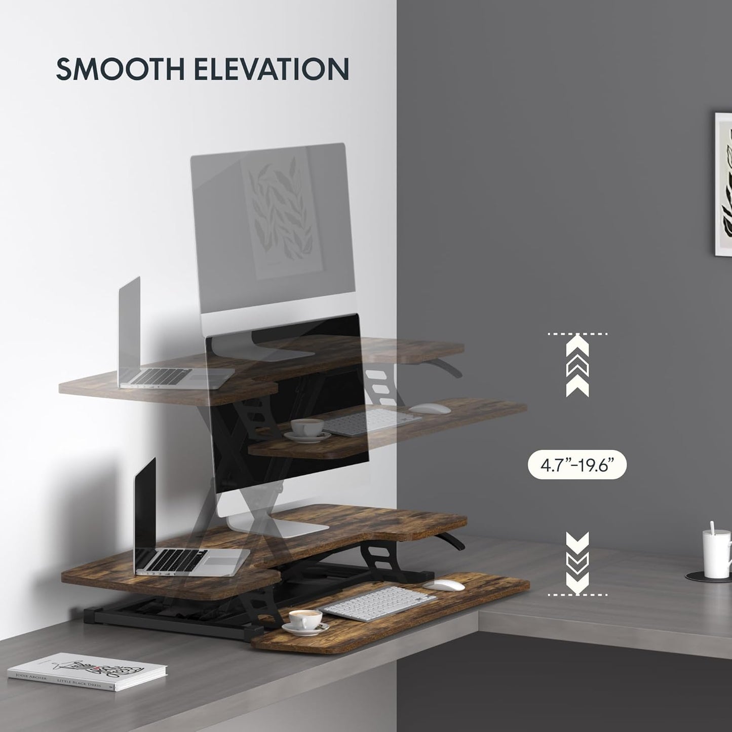 FLXISPOT 40in Standing Desk Converter, Height Adjustable Riser, Manual Lift with Gas Spring Monitor and Laptop Workstation, Rustic Color