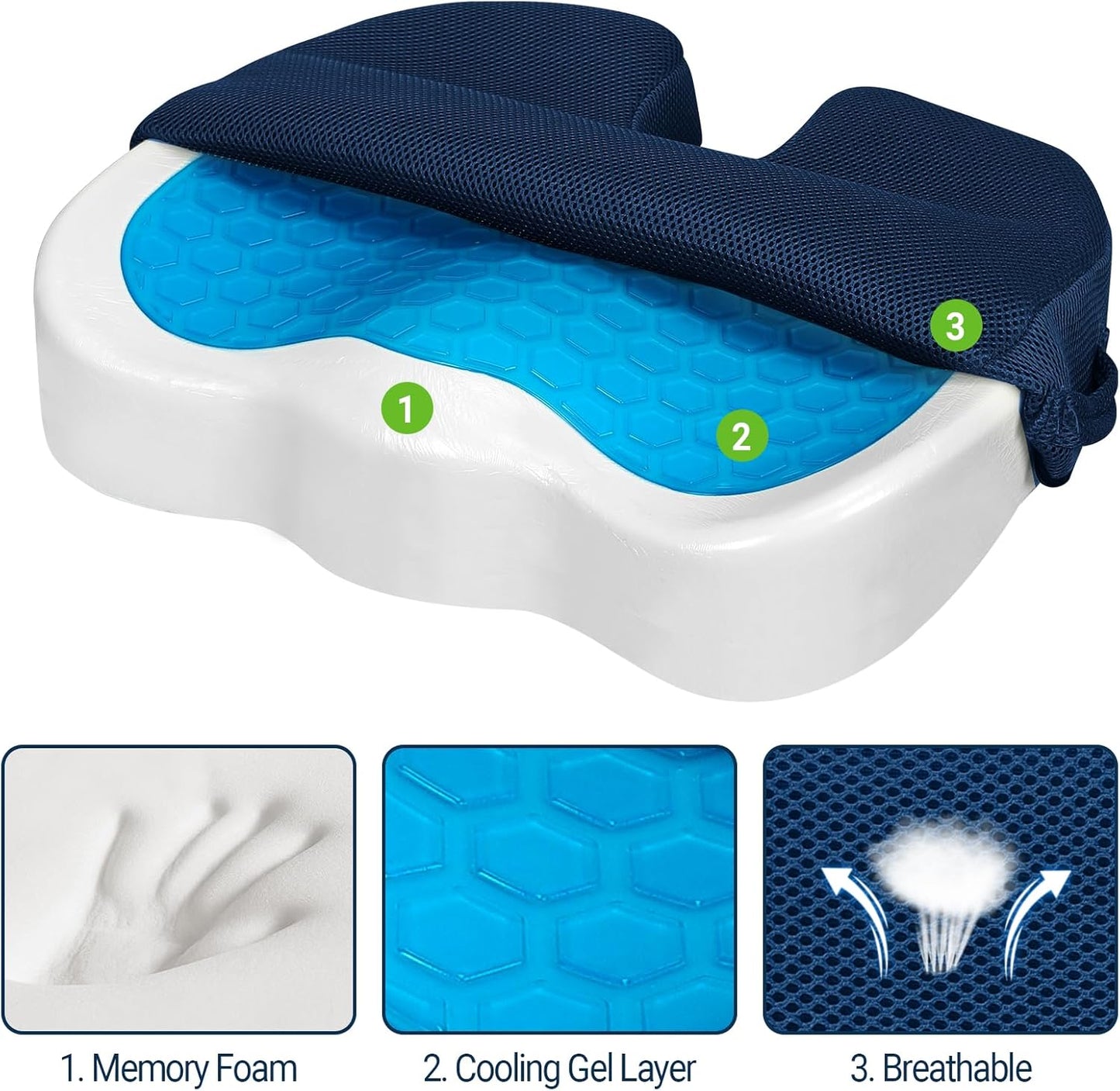 Gel Seat Cushion for Car Office - Memory Foam Pain Relief Chair Pillow Cushions - Tailbone Sciatica Coccyx Butt Lumbar Support Pad for Sitting Driving Traveling, Mesh, Blue