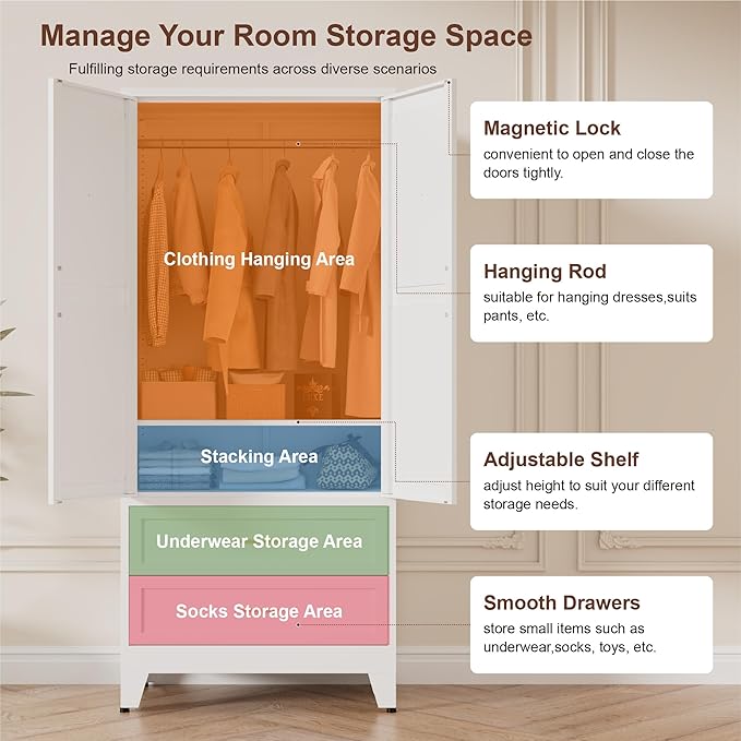 71" Tall Metal Wardrobe Cabinet with 2 Drawers and Hanging Rod, 2 Doors Armoire Wardrobe Closet with Shelf for Bedroom, Office, Laundry Room, White