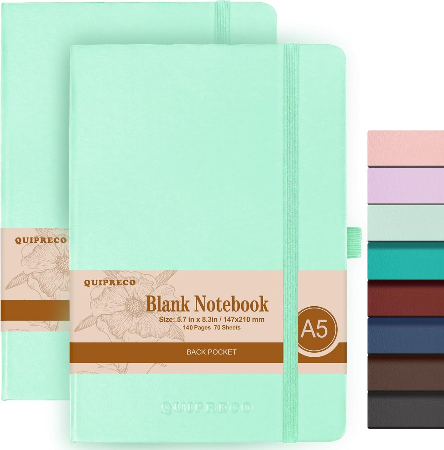 2Pack Blank Hardcover Sketch Book Notebook, A5 140 Pages 120Gsm Thick Journal for Drawing,School,Work,Diary，5.7''*8.3'',Light Green