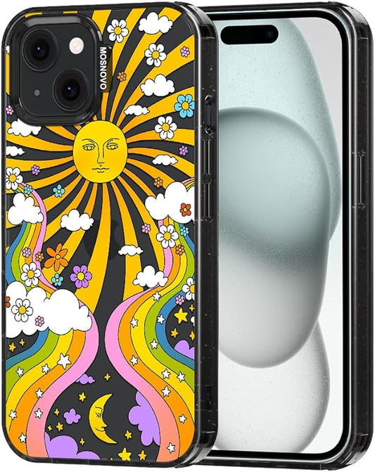 MOSNOVO Case for iPhone 15 Plus, [10ft 4X Military-Grade Drop Protection] Durable & Shockproof Phone Case Cover Design for iPhone 15 Plus / 14 Plus - 70's Psychedelic Groovy Art - Clear Black
