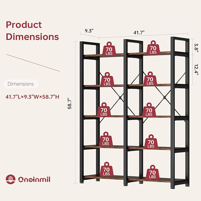 oneinmil 5 Tier Bookshelf Set of 2, 58.7'' Industrial Book Shelf, Wooden Bookshelves with 10 Open Display Shelves, Vintage Storage Rack, Standing Wide Bookcase for Home and Office, Rustic Brown