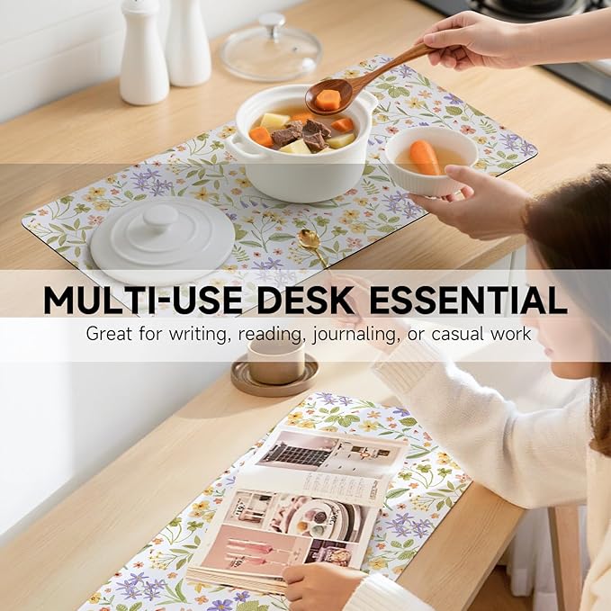 Botanical Floral Desk Pad Blotter,Large Mouse Pad 35 x 17in,PU Leather Desk Mat Writing Pad Protector, Non-Slip Waterprrof,Desktop Decor for Home Office & Gamers Women Girls (Pressed Flower Art)