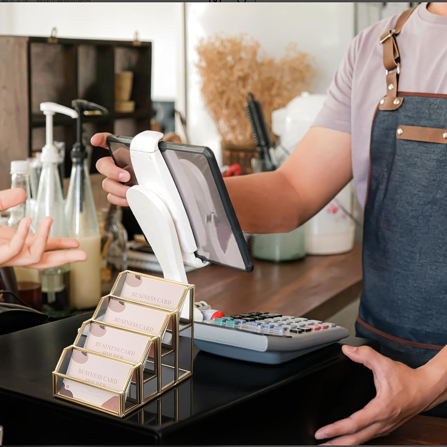 Hipiwe 4 Slots Glass Business Card Holder for Desktop, Gold Mirrored Business Card Display Stand, Multiple Clear Business Name Card Organizer Holder for Office Exhibition