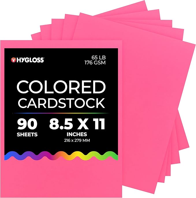 Hygloss Pink Bright Colored Cardstock - 8.5x11-Inch, 90 Sheets, 65 lb/ 176 gsm, Fade-Resistant, Acid-Free Color Card Stock Paper