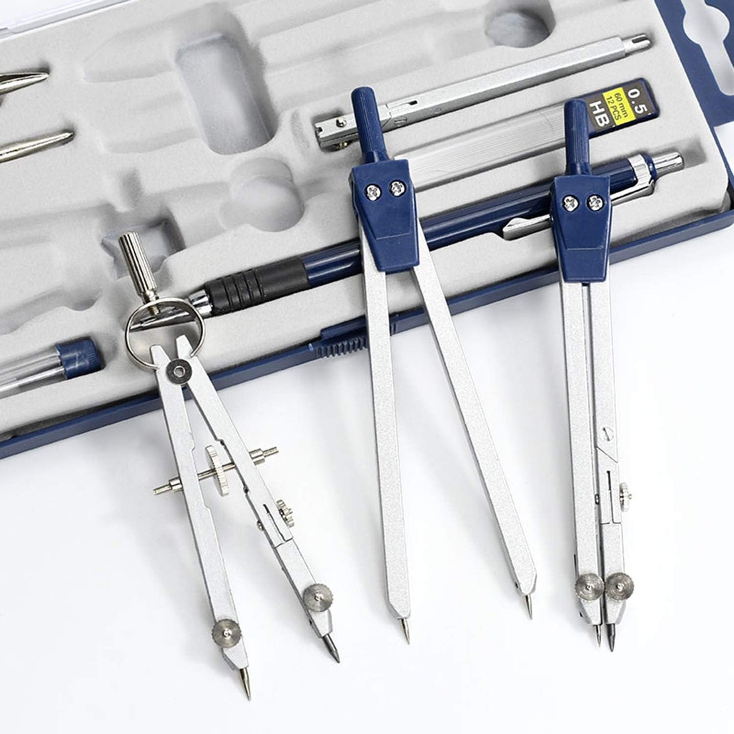 Drawing 9Pc Geometry Set Metal Compass, Geometry Precision Tool for Student, Circle Drawing Tool and Architecture, Drafting Kits for Engineer with Shatterproof Storage Box (Blue)