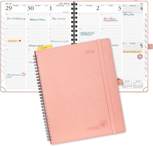 POPRUN 2026 Planner (Large - 8.5" x 10.5") with Hourly Schedule, Vertical Layout - 2026 Weekly Calendar (Jan. 2026 - Dec.2026) for Time Management, Monthly Tabs, Spiral Bound, Soft Cover - Pink