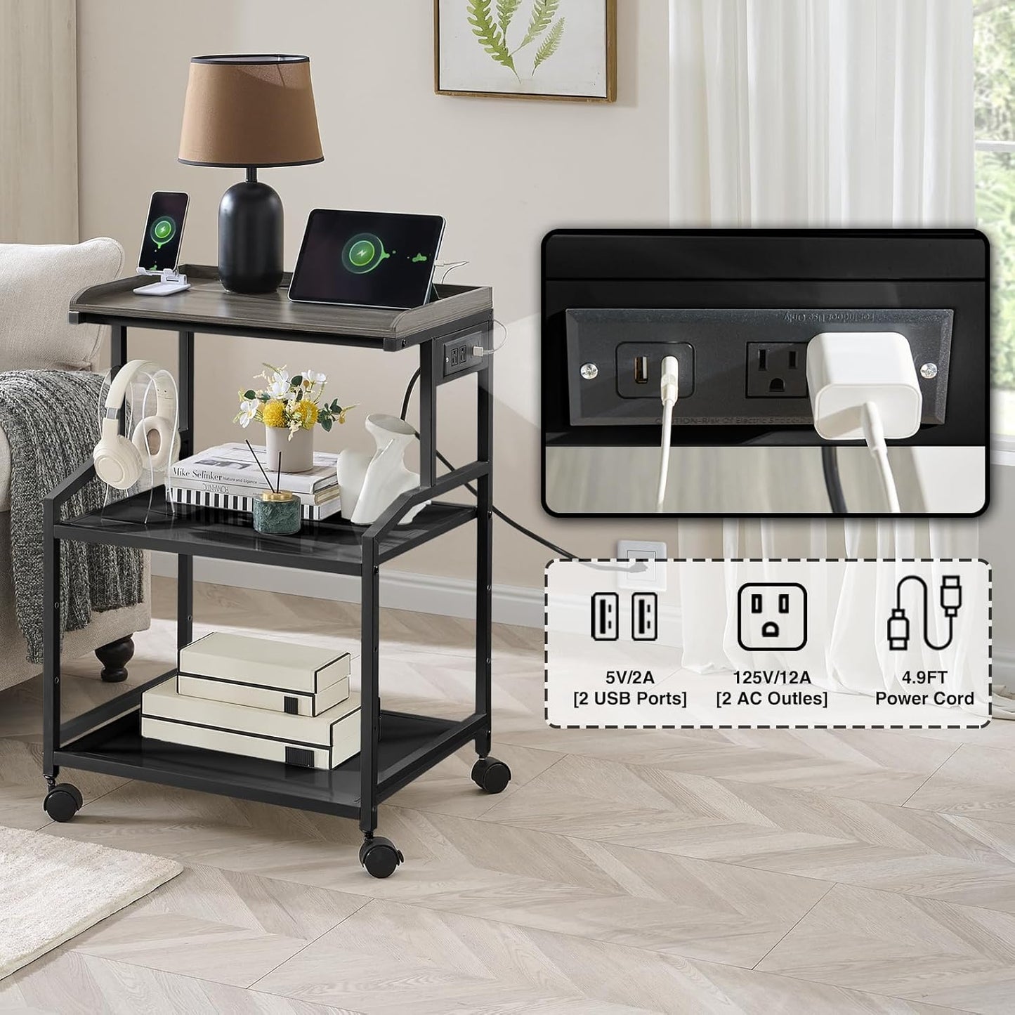 Lauren&Harold 34'' Printer Stand with Power Outlets & USB Ports, 3-Tier Adjustable Rolling Cart, Heavy Duty 150LBS Storage Table with Wheels for Office, Kitchen, Living Room, Black