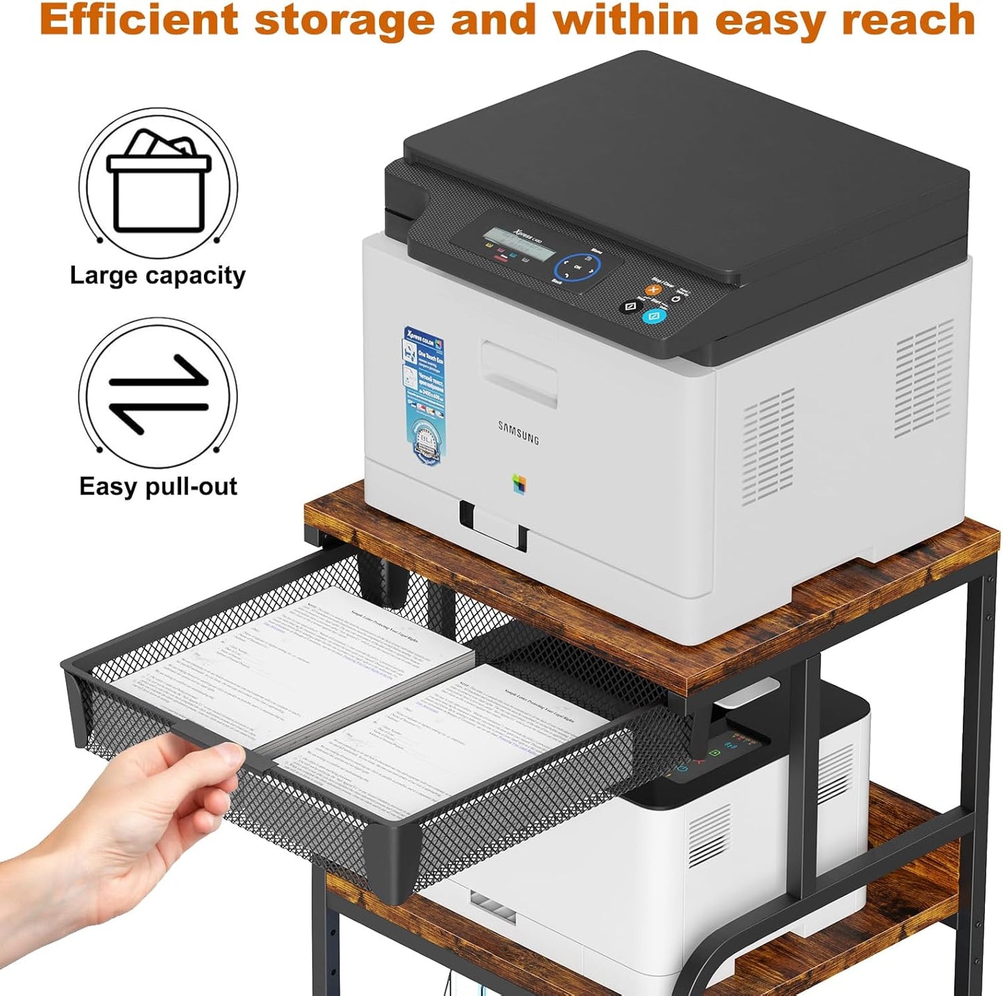 EasyCom Large Printer Stand with Storage Drawer, 5 Adjustable Shelf & 3-Tier Rolling Cart with Industrial Wheels for Desk, Mobile Printer Table for Home Office Fits 3D Printer Scanner Fax Rustic Brown
