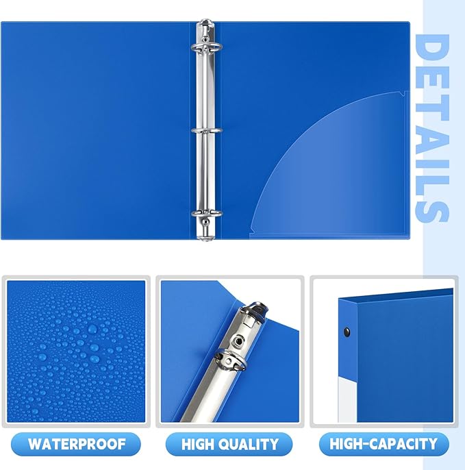 Henoyso 48 Pcs 3 Ring Binder 1/2'' Round Fits Letter Size 8. 5'' x 11'' Paper Plastic Flexible Binder Holds 100 Sheets with 1 Pockets Versatile Organizer for Office Home School (Blue)