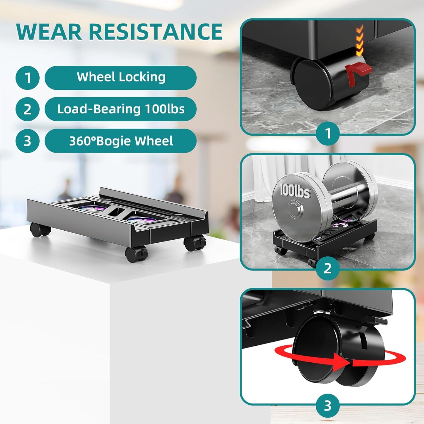 Adjustable Computer Tower Stand with Cooling Fan, Mobile CPU Holder with 4 Rolling Casters, Under Desk CPU Bracket PC Floor Cart PC Riser for Office, Home and Classroom. (Fan Version)