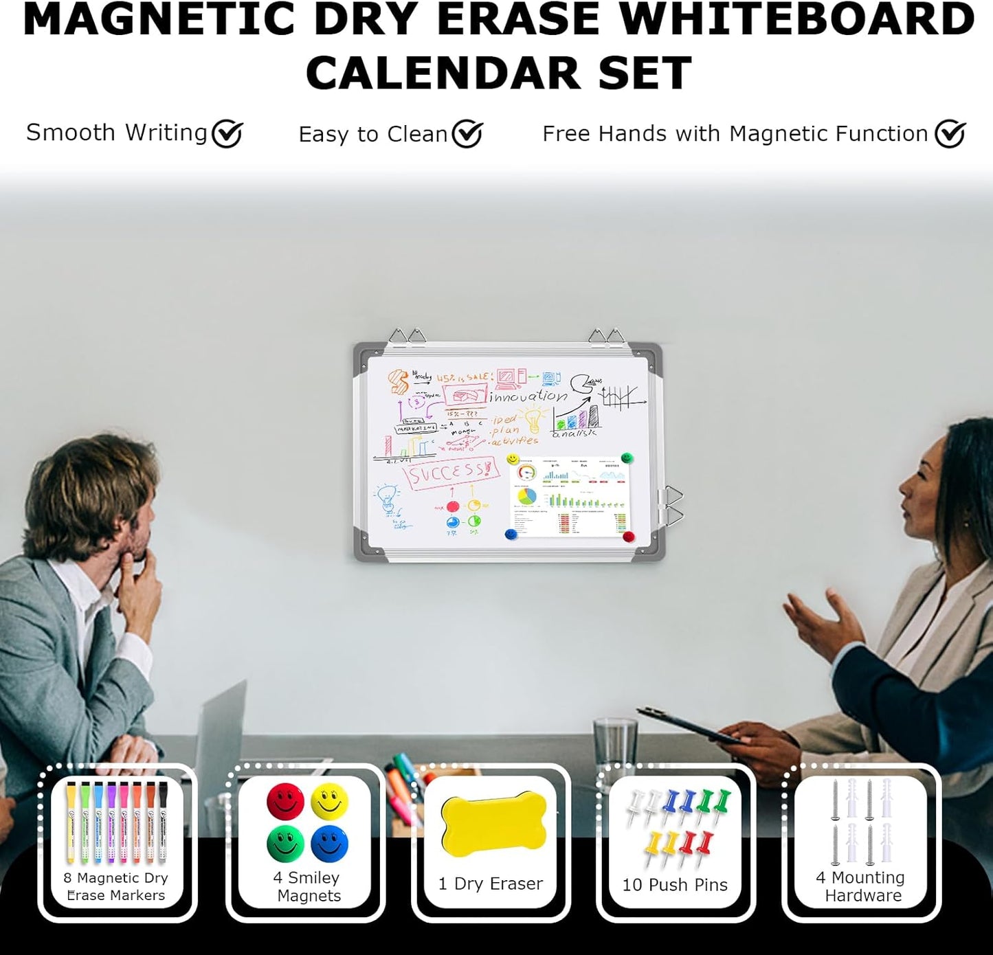 EAONE 16x12 in Double Side Whiteboard Calendar & Cork Board Combo for Wall, 3 in 1 Magnetic Dry Erase Whiteboard Monthly Calendar and Bulletin Board with Aluminum Frame for Home Office Kitchen