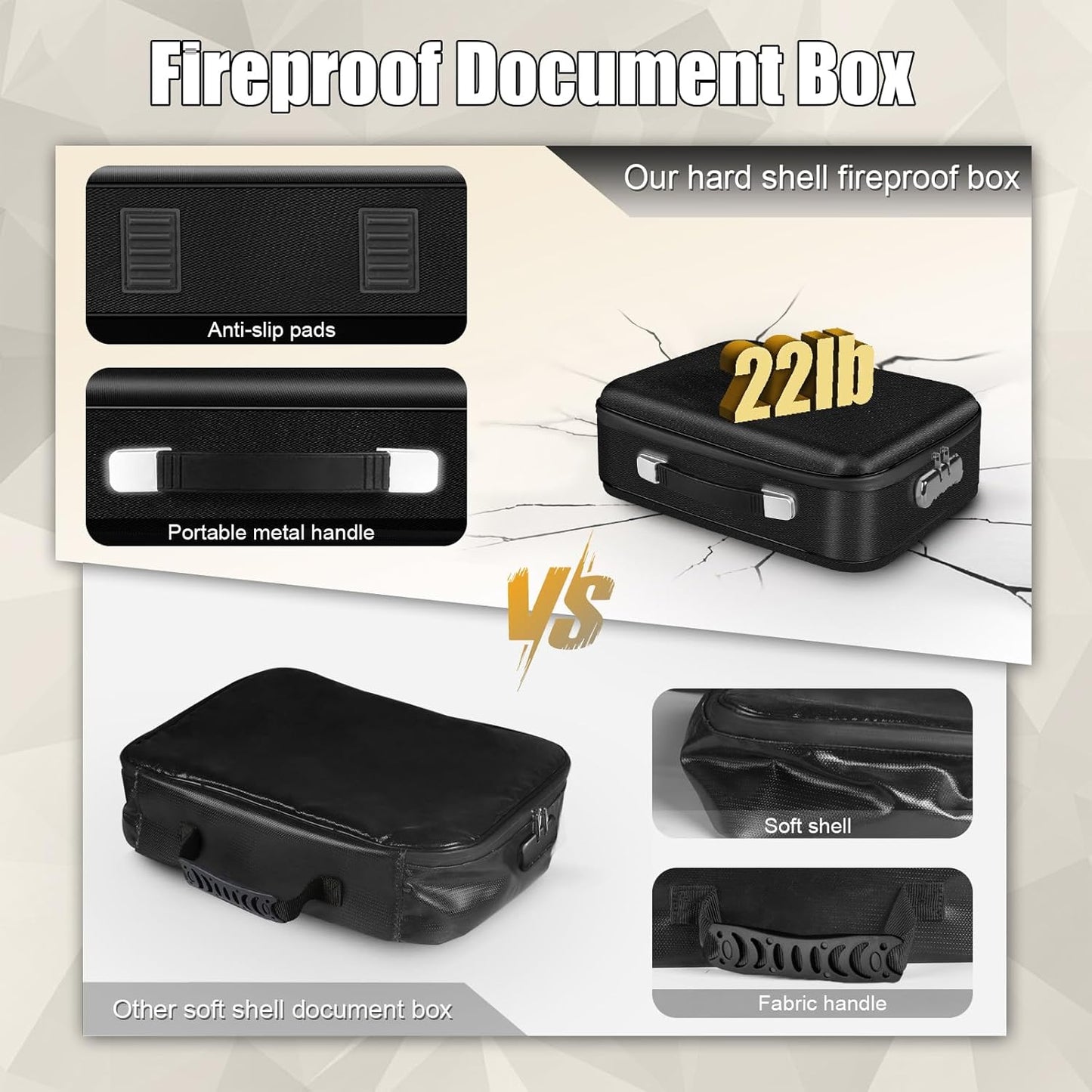 Fireproof Document Box, Hard Shell Fireproof Box, Document Organizer with Lock, Fireproof Water Resistant box, Portable Documents Safe Box for Important Document Certificates, Laptop, Passports, Black