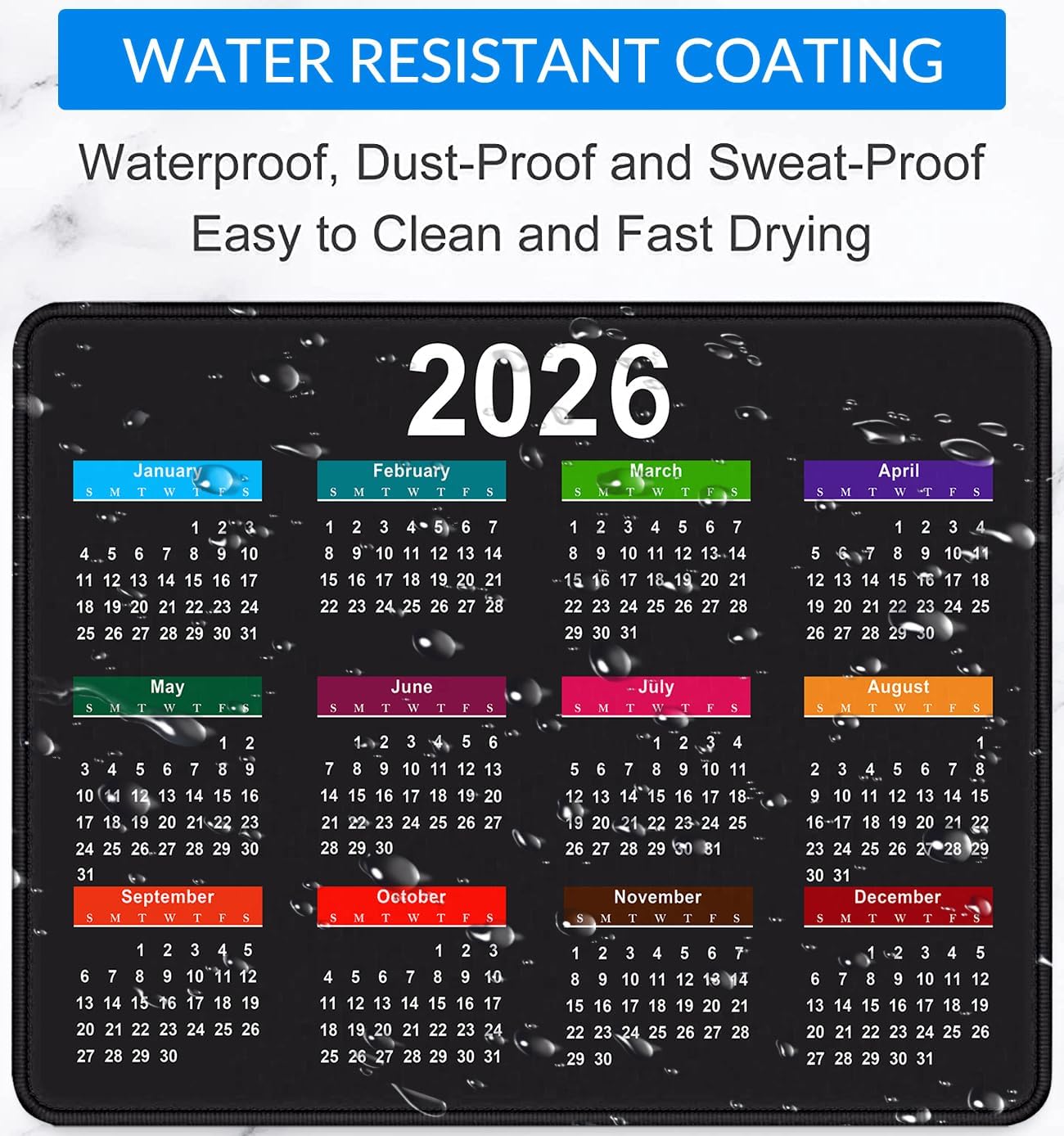 2026 Calendar Mouse pad, Gaming Stitched Edge Computer Accessory Mouse Pad, Rectangular Anti Slip Chloroprene Rubber Mouse Pad for Office and Home Use (Black Calendar Mouse Pad A-1)