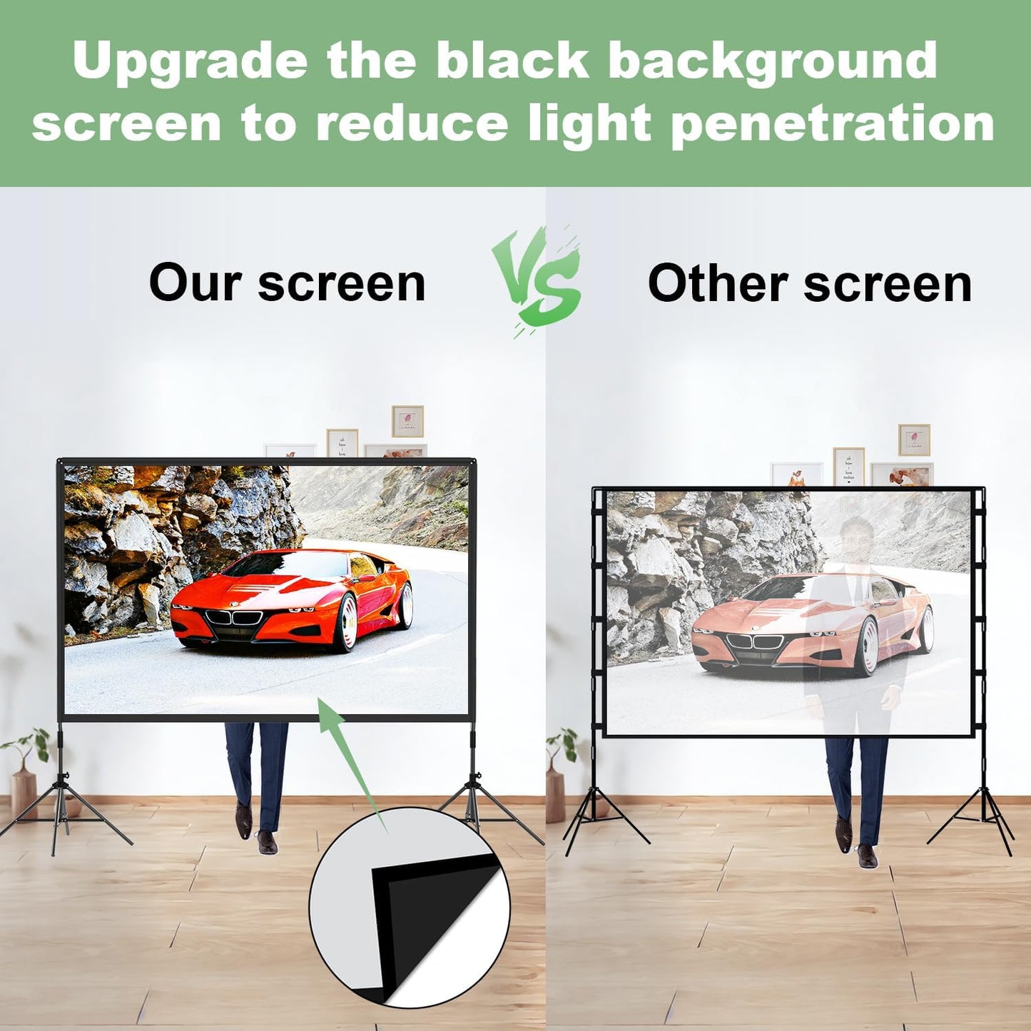 Projector Screen and Stand 100 inch,DUYIKJ Portable Black Backing Projector Screen Indoor Outdoor 16:9 4K HD Wrinkle-Free and Four-Legged Frame Movie Screen with Carry Bag for Backyard Movie Night