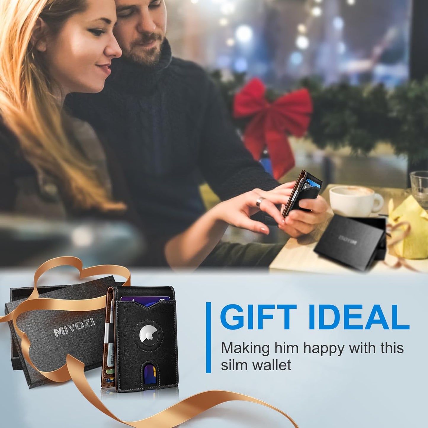 Airtag Wallet for Men,with Money Clip 11 Cards Slim Front Pocket Leather RFID Blocking Wallet with Gift Box