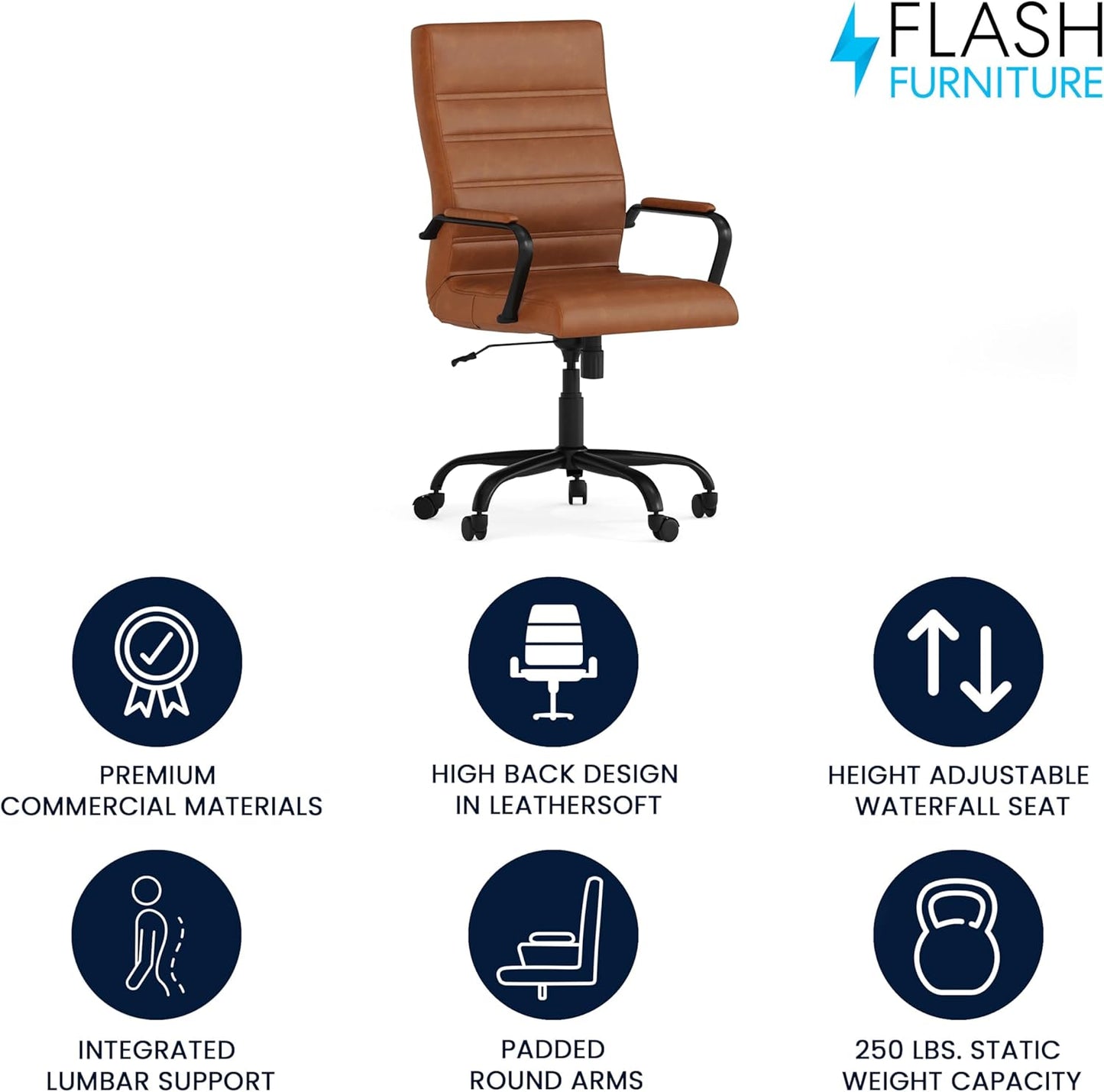 Flash Furniture Whitney High-Back Swivel LeatherSoft Desk Chair with Padded Seat and Armrests, Adjustable Height Padded LeatherSoft Office Chair, Brown/Black Gold