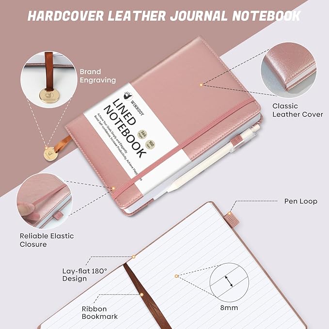 Lined Journal Notebook, 366 Pages, 100Gsm Leather Hardcover Journals for Writing Thick A5 College Ruled Classic Notebook with Pen Loop, Daily Journal for Women Men Travel Business Work Office