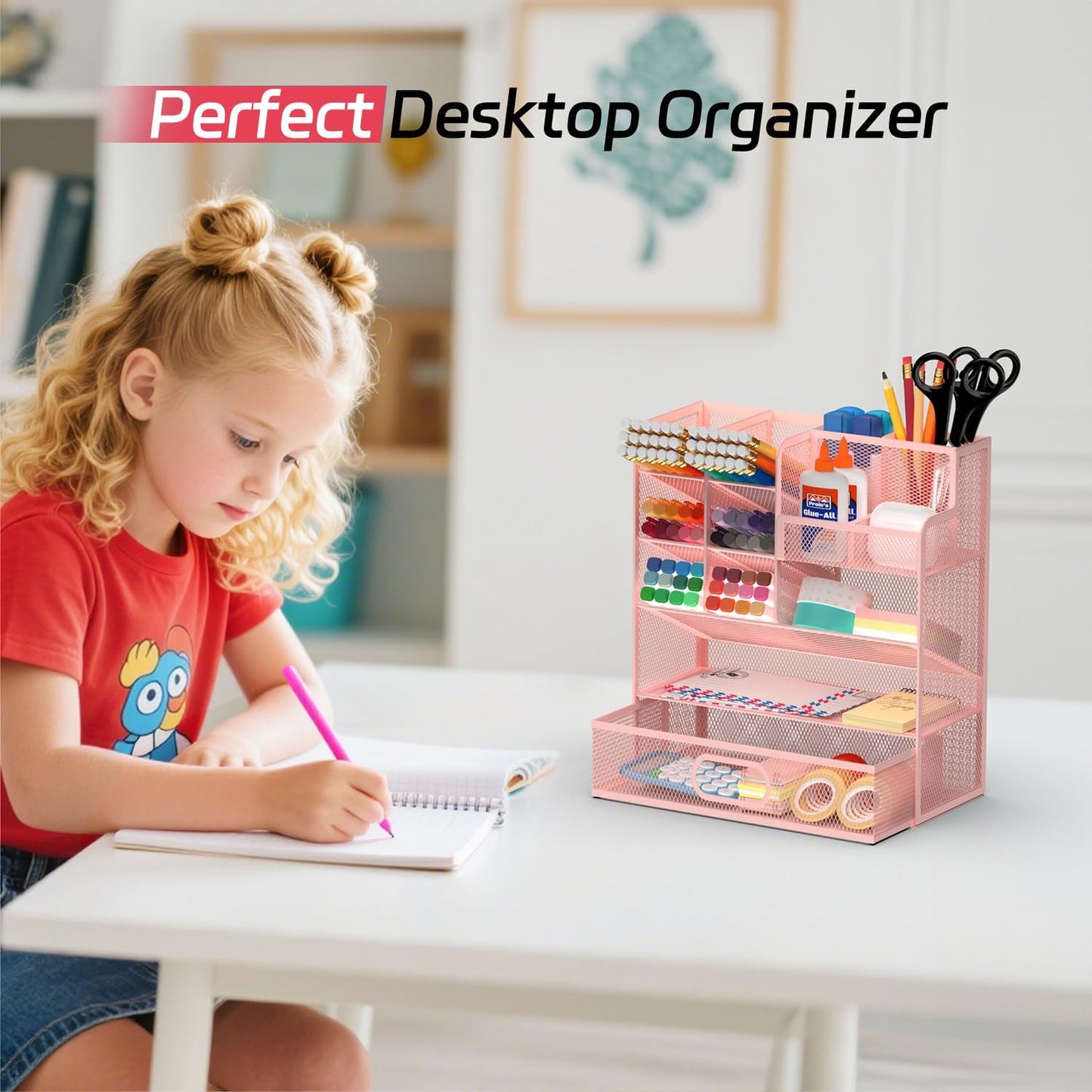 Mesh Pen Organizer for Desk, Multi-Functional Pencil Holder with Drawer Desk Organizers, Large Capacity Storage for School Office Home Supplies (Pink)