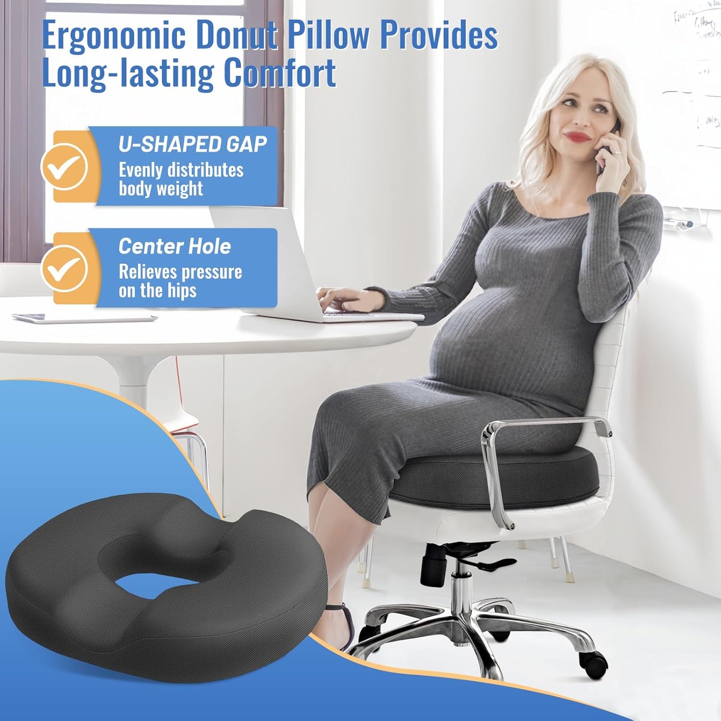 CloudBliss Donut Pillow Seat Cushion for Tailbone Pain Relief and Hemorrhoids, Memory Foam Chair Cushion for Postpartum Pregnancy, Seat Cushions for Men and Women for Home & Office, (Grey)
