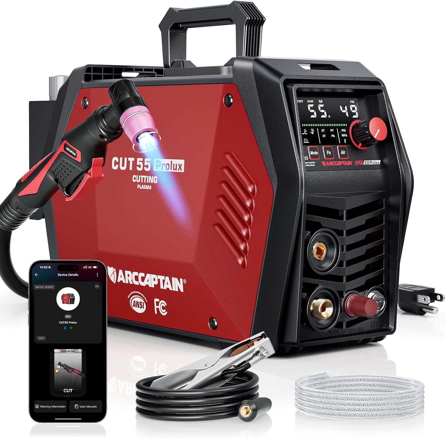 ARCCAPTAIN iControl CUT55 Prolux Plasma Cutter Machine, [APP Control] 55 Amp Non-Touch Pilot Arc, 120V/240V, Upgraded LED Display, Grid Cutting, Rust Removal, Air Pressure Detection for Home DIY