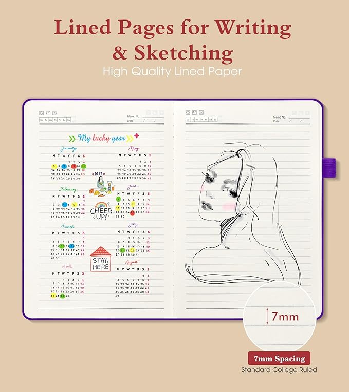 Lined Journal Notebook for Men Women, 160 Pages Ruled Paper, Inner Pocket, A5 Hardcover Vintage Leather Notebooks for Work, School, Travel Journaling, Daily Diary, Notepad 5.8" x 8.5" (Purple)