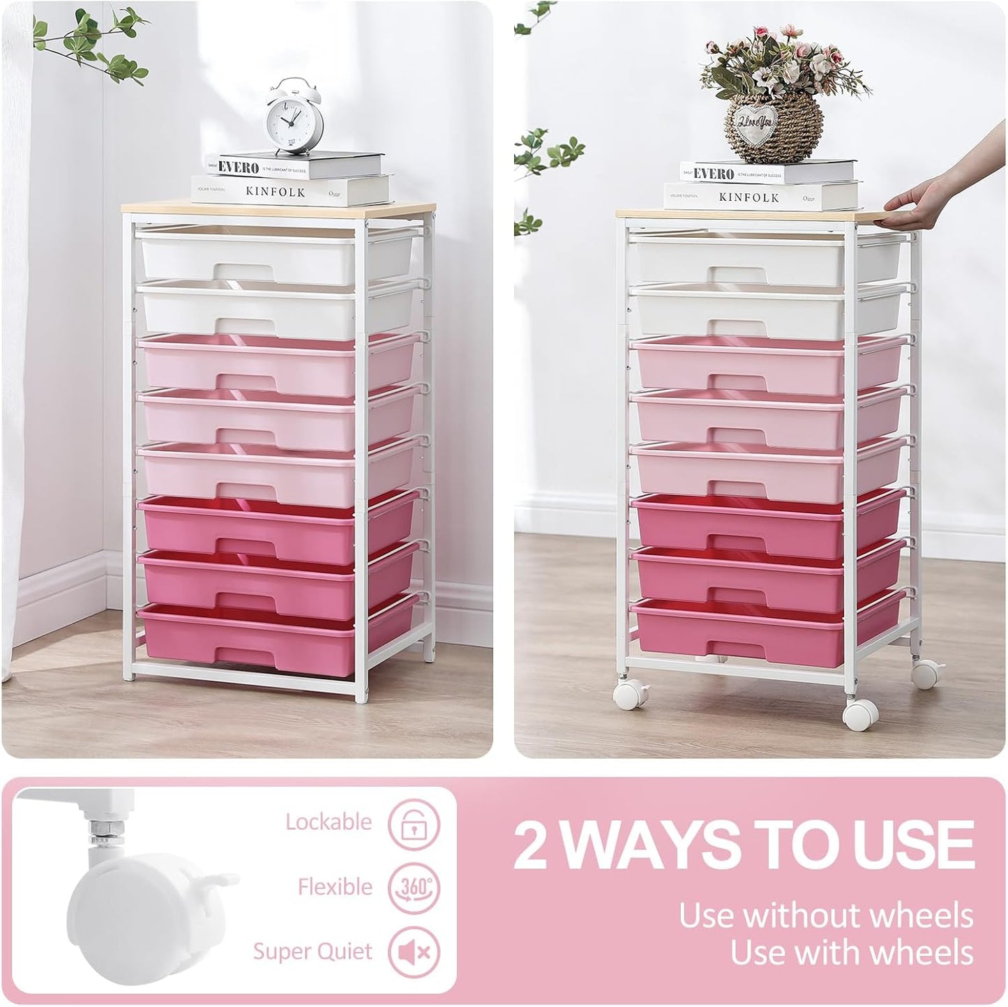 Rolling Cart with Drawers,Storage Cart with 8 Drawers and Wooden Tabletop,Utility Cart for Living Room,Classroom, Bedroom,Bathroom,Dorm,Office,Rose Pink