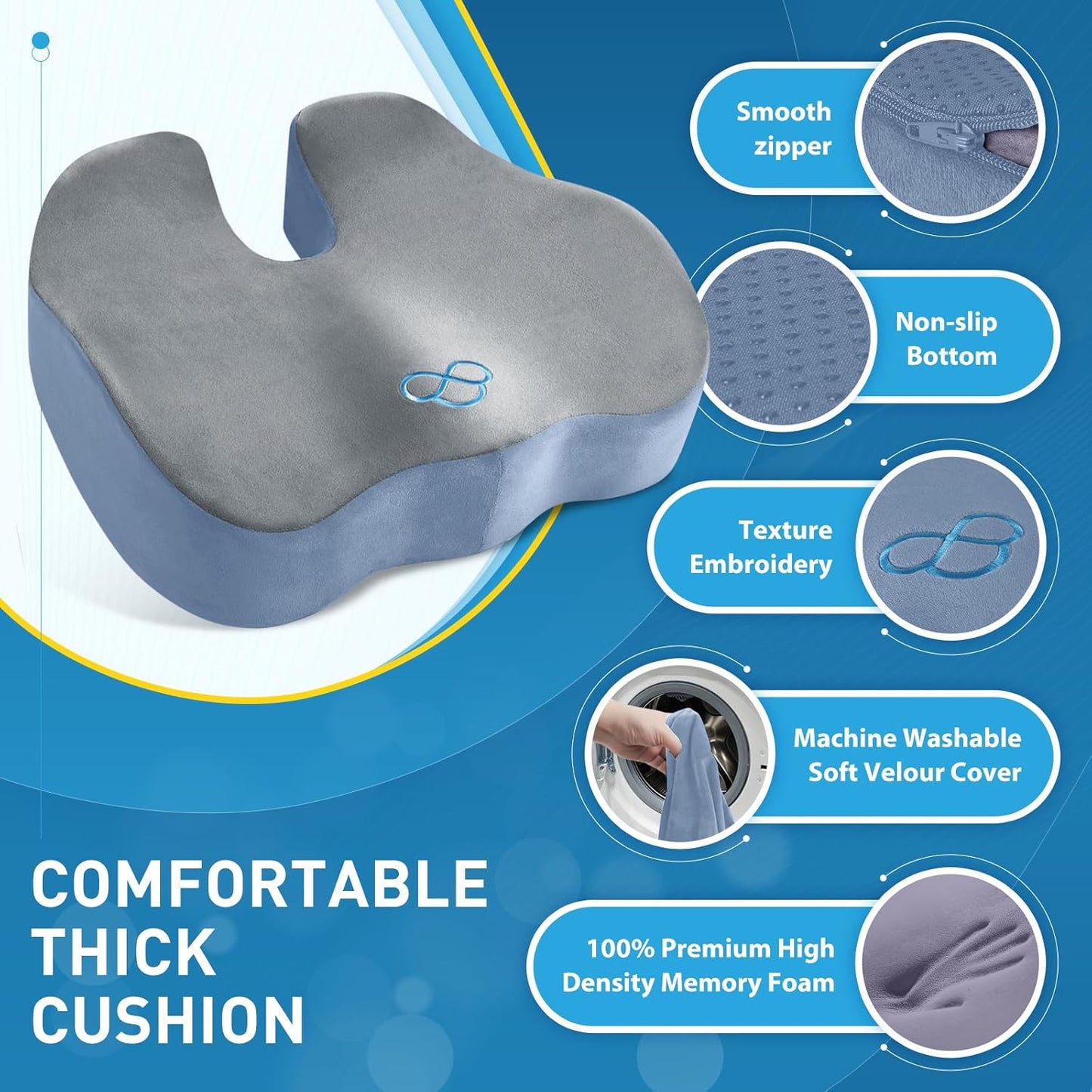BlissTrends Seat Cushion,5.2in Thick Memory Foam Cushions for Office Chair, Car Seat, Airplane, Relieving Pressure Tailbone Sciatica Back Pain for Long Sitting Office Workers, Car Drivers Gery&Blue