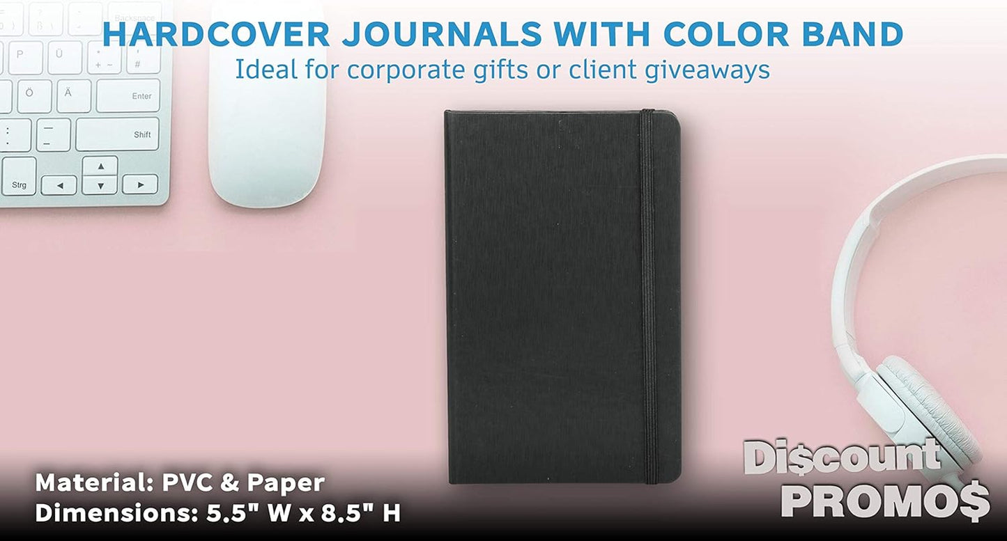 DISCOUNT PROMOS Hardcover Notebook Journals with Elastic Colored Band Set of 6, Bulk Pack - Perfect for School, Office, Home - Black