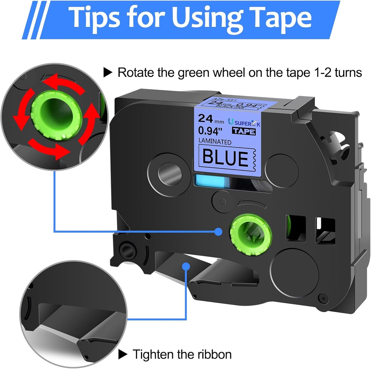 6PK Compatible for Brother P-Touch Label Maker Tape TZe-551 TZ-551 TZe551 TZ551 Black on Blue 24mm 0.94 inch 1'' x 26.2ft Laminated TZe TZ Label Tape for PT-2500PC PT-2600 PT-2610 PT-2700