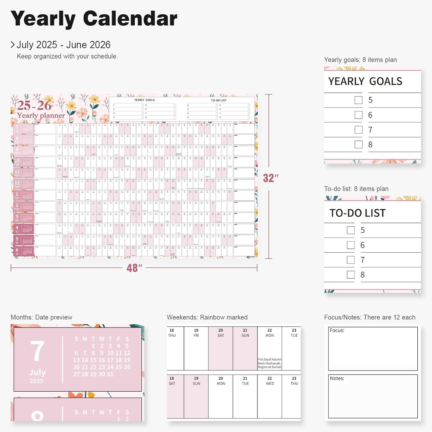 Ospelelf Calendar 2025-2026 Large Dry Erase Wall Calendar 32'' x 48'', 12 Month Laminated Calendar for Classroom, Family, Use July 2025 - June 2026 (Floral)