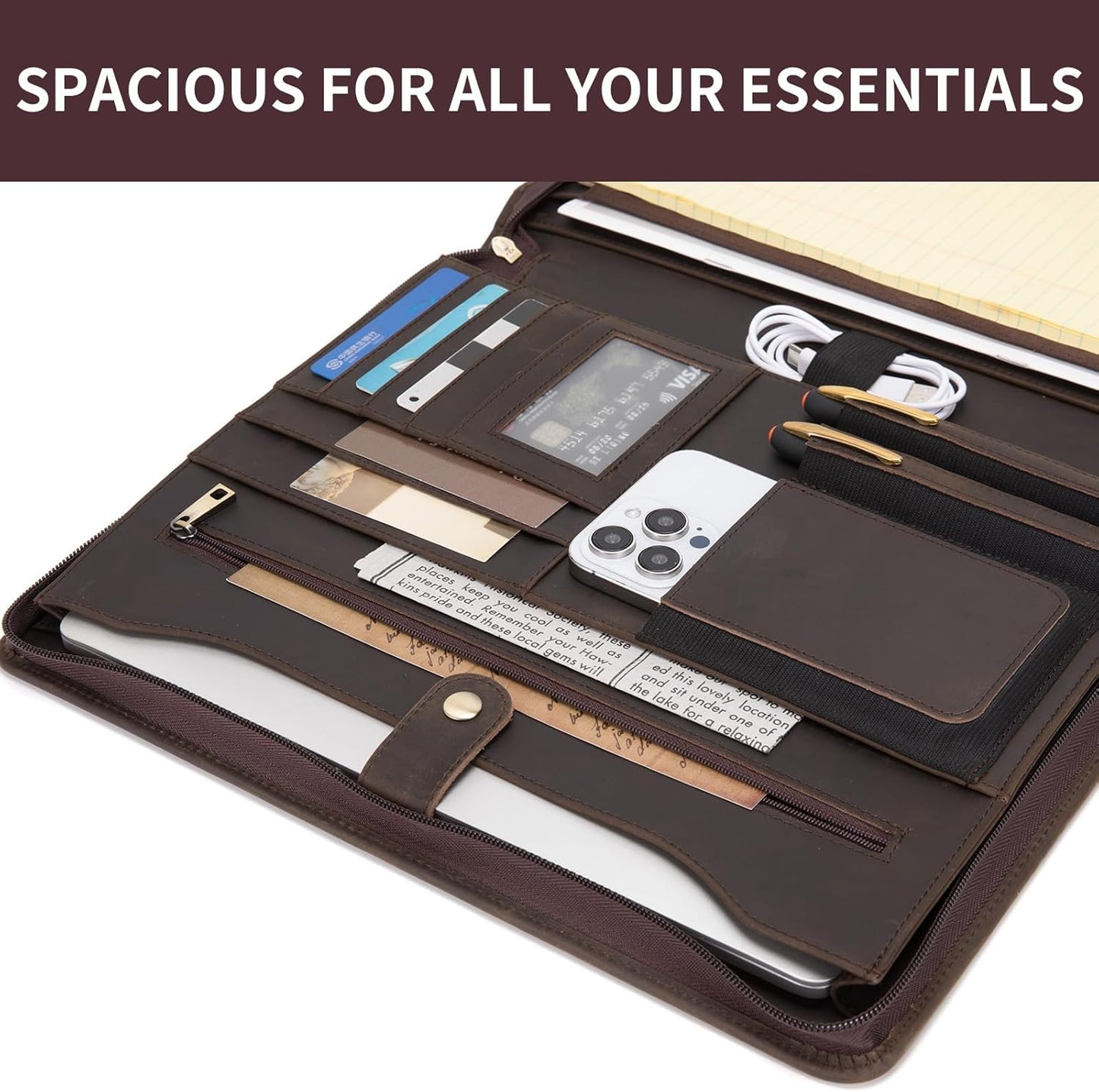 Personalized Genuine Leather Portfolio for Women and Men, Custom Engraved 8.5 x 11 Legal Padfolio, Zippered Notebook Laptop Organizer, Business Executive Folio for Work, Dark Khaki